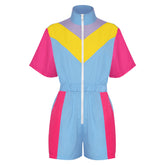 Retro 80s 90s Blue and Pink Colorblocked Vintage One Piece Sportwear Tracksuits Set Cosplay Costume Outfits Halloween Carnival Suit